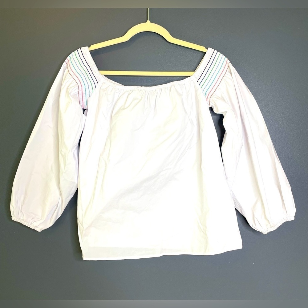 Sugarlips White Off shoulder top with pastel rainbow stripes. New. Small.